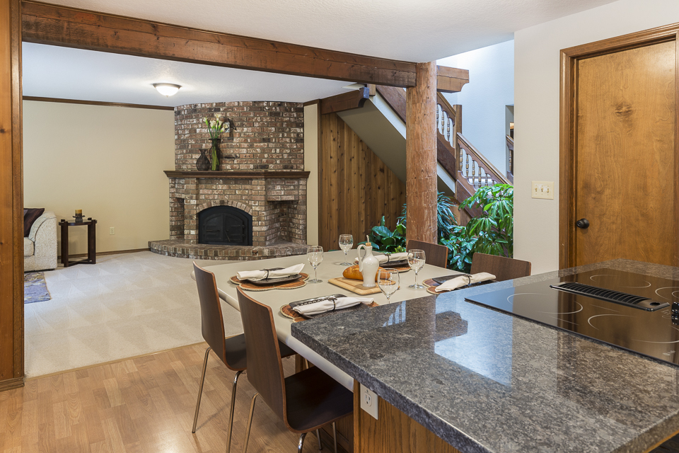 Kitchen with dark countertop
