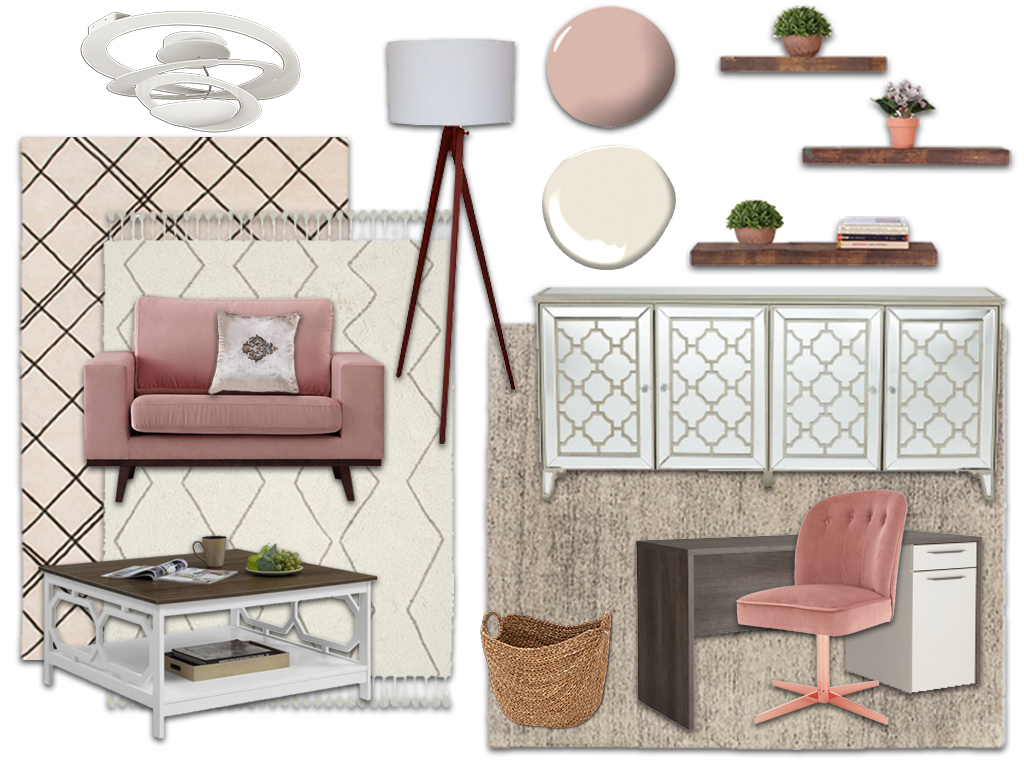 Concept board of a pink and beige office