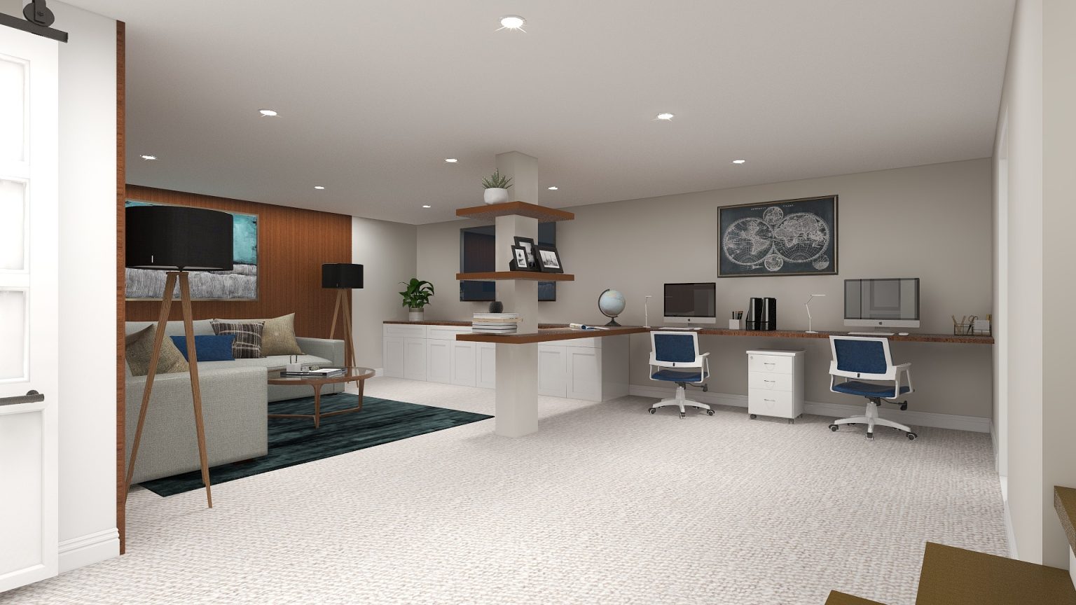 Basement pillar disguised with shelves