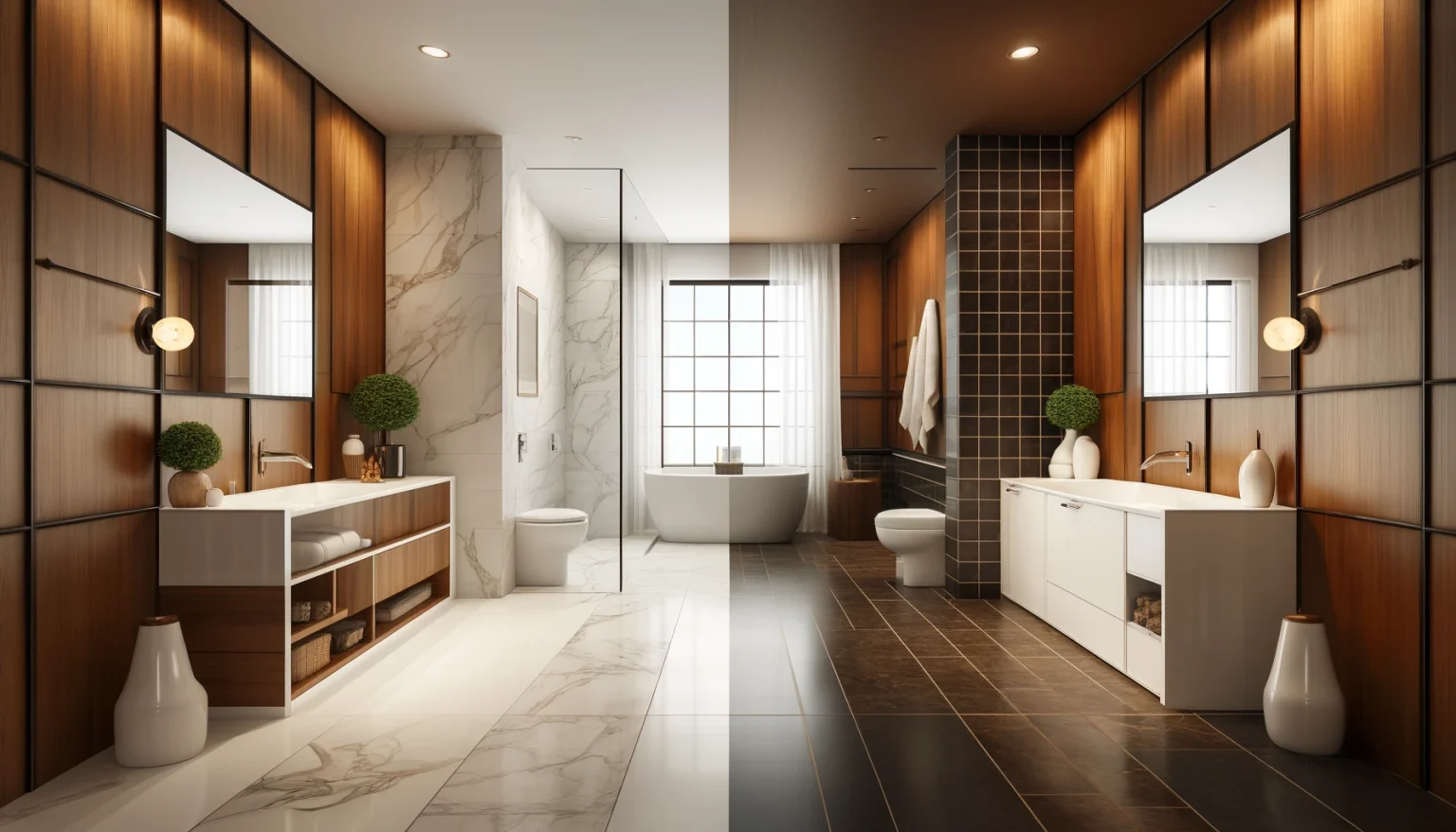 Bathroom in two different styles, divided into a split-screen format. On the left, the bathroom features a white marble floor. On the right, the same bathroom is styled with chocolate brown tiles.