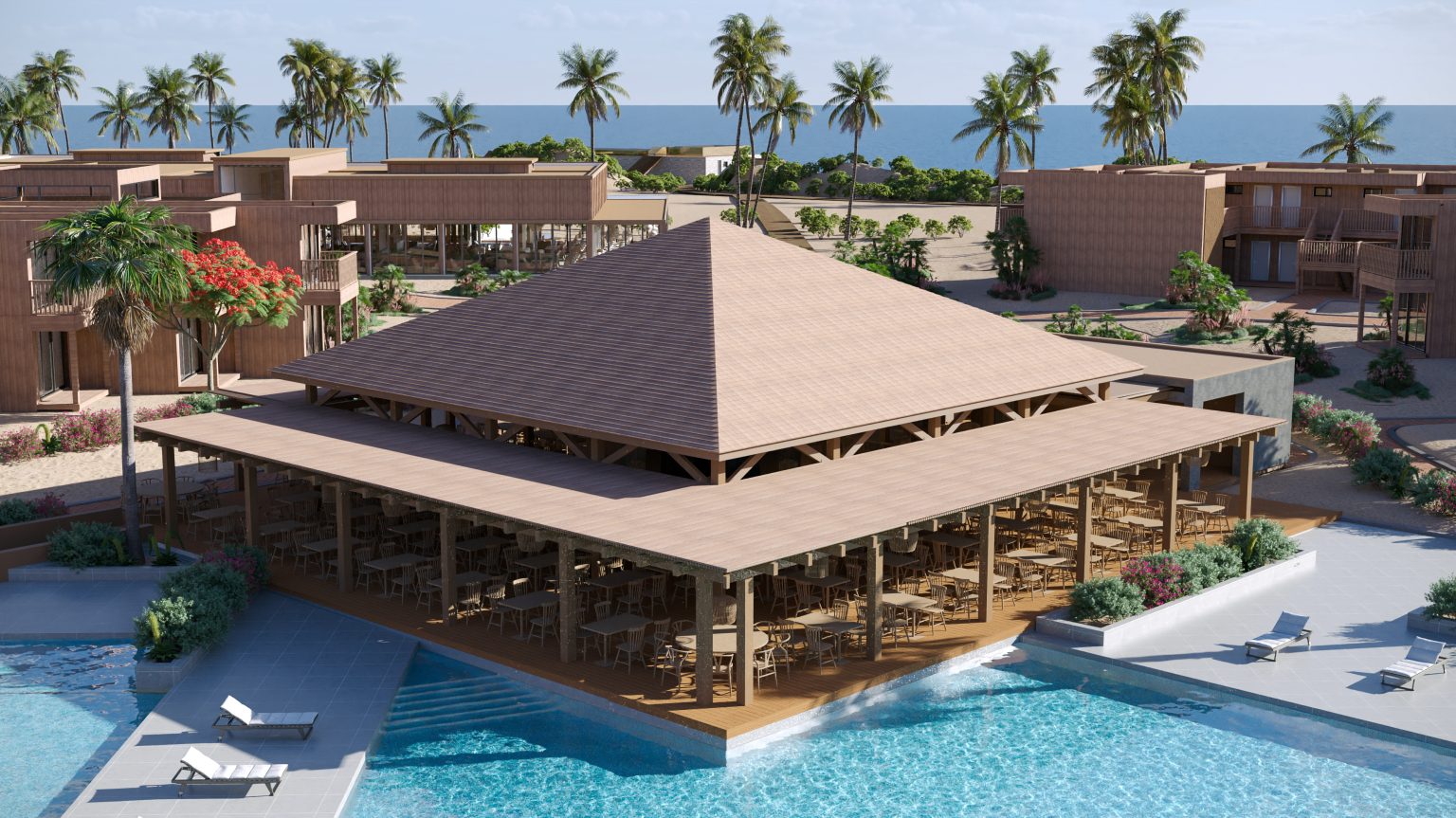 Outdoor restaurant by the pool 3D render