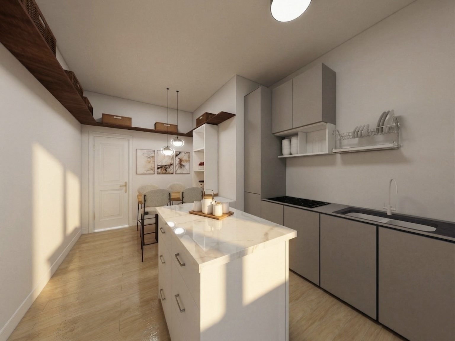 Kitchen with fridge under small island- a render