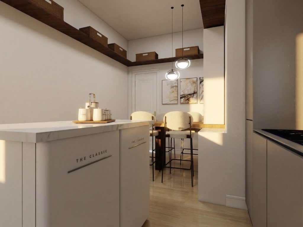 Kitchen with fridge under small island- a render close up
