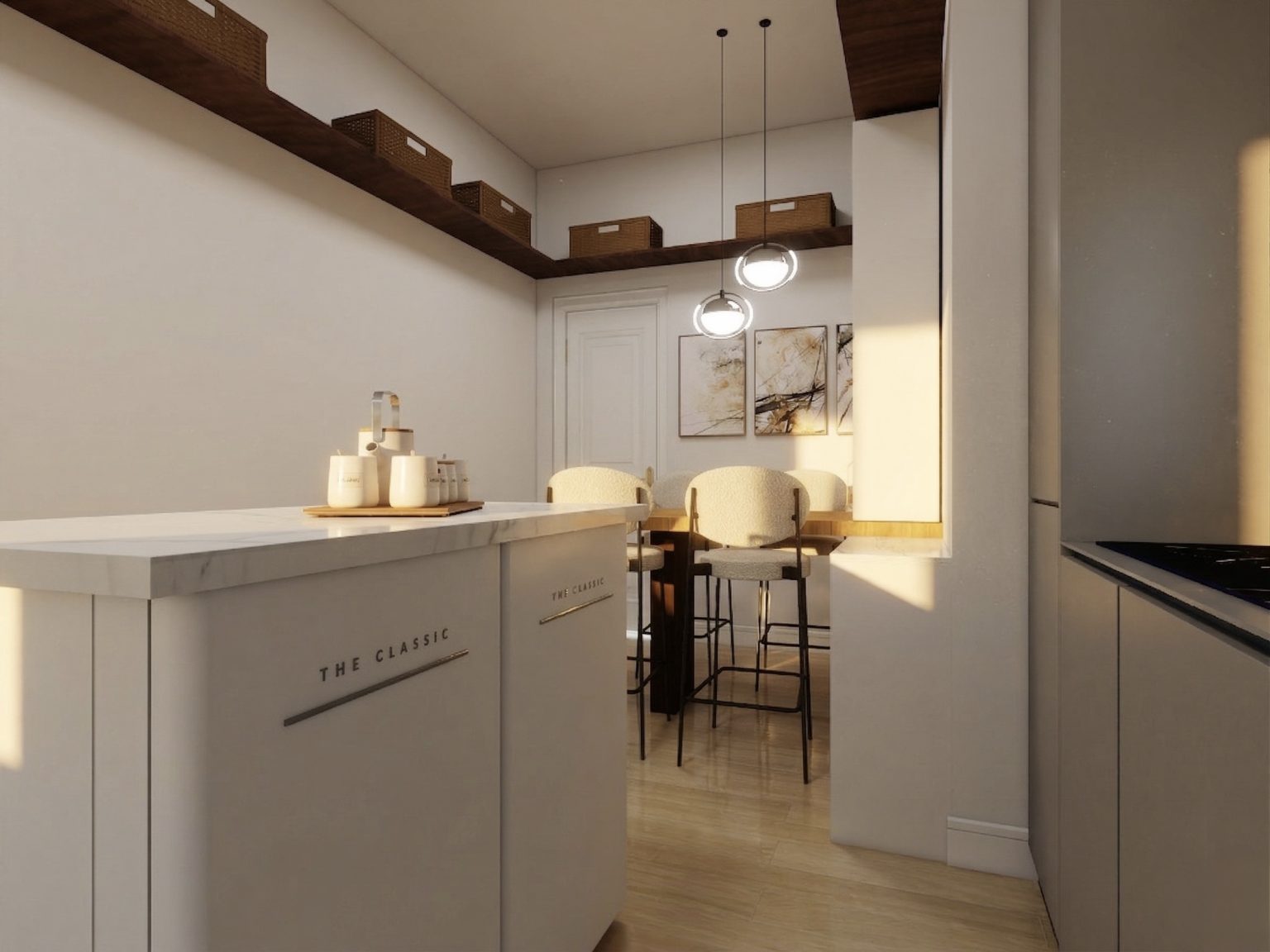 Kitchen with fridge under small island- a render close up
